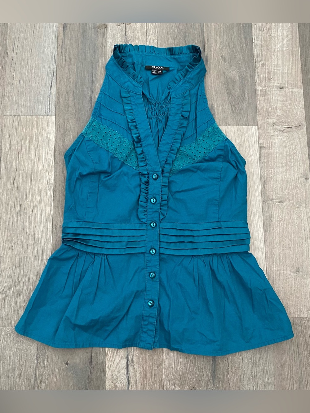 Vintage Y2K XOXO Blue Ruffle Lace Button Front Peplum Top Size M